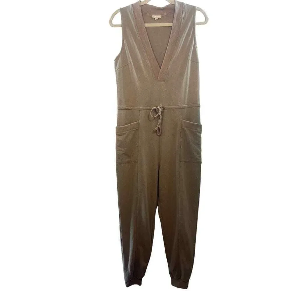 HEM & THREAD WOMENS MED FLEECE TAN JUMPSUIT CUFFS POCKETS
